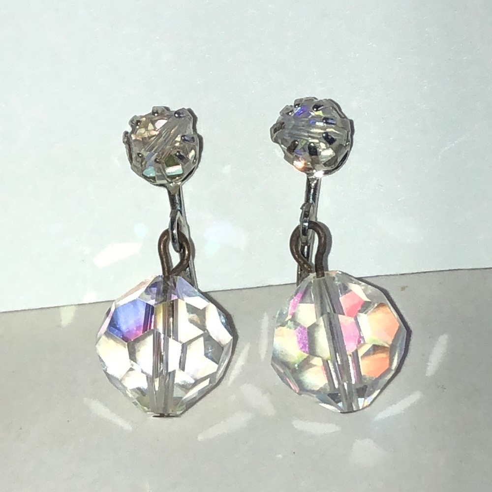 Vintage Crystal Drop Dangle Clip On Earrings - Clear Aurora Borealis